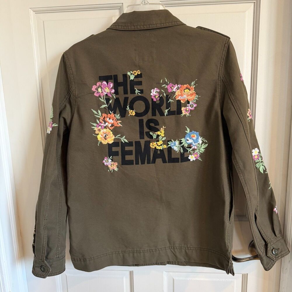 Bershka Olive Green Utility Jacket with Floral Embroidery and Bold Back Text